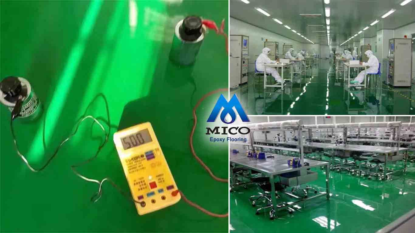 Sàn epoxy chống tĩnh điiện tự san phẳng - sử dụng cho các nhà máy :  chip, bo mạch linh kiện thiết bị điện tử, xưởng dệt may, kho hóa chất....