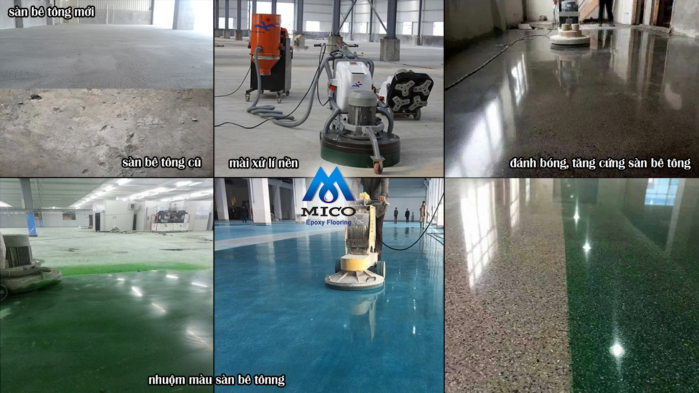 thi công đánh bóng tăng cứng nền bê tông, cải tạo nền bê tông cũ, nhuộm màu nền bê tông